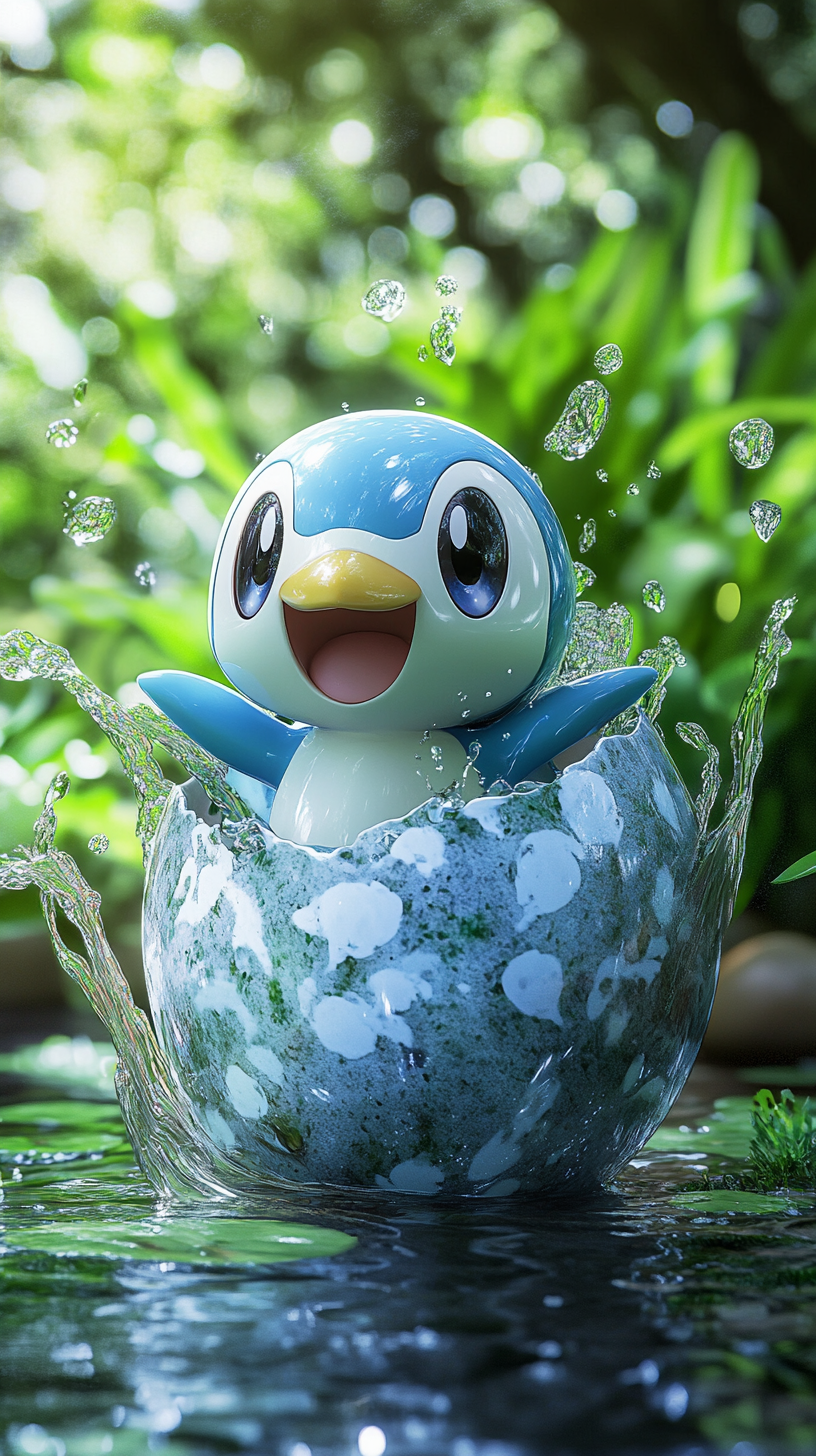 Baby Piplup pops out of water-themed egg happily.