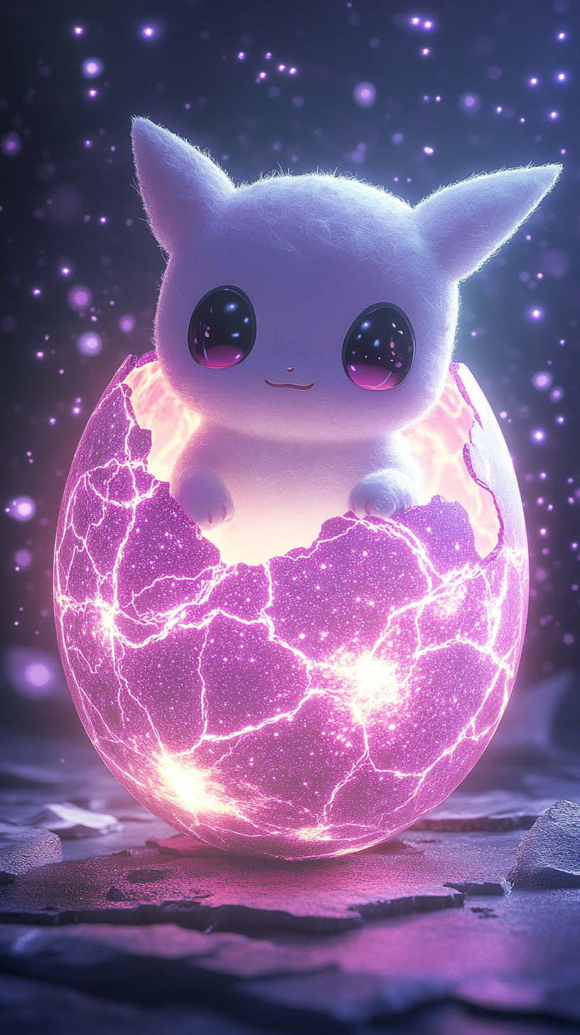 Baby Pokémon in cosmic egg with Mew features.