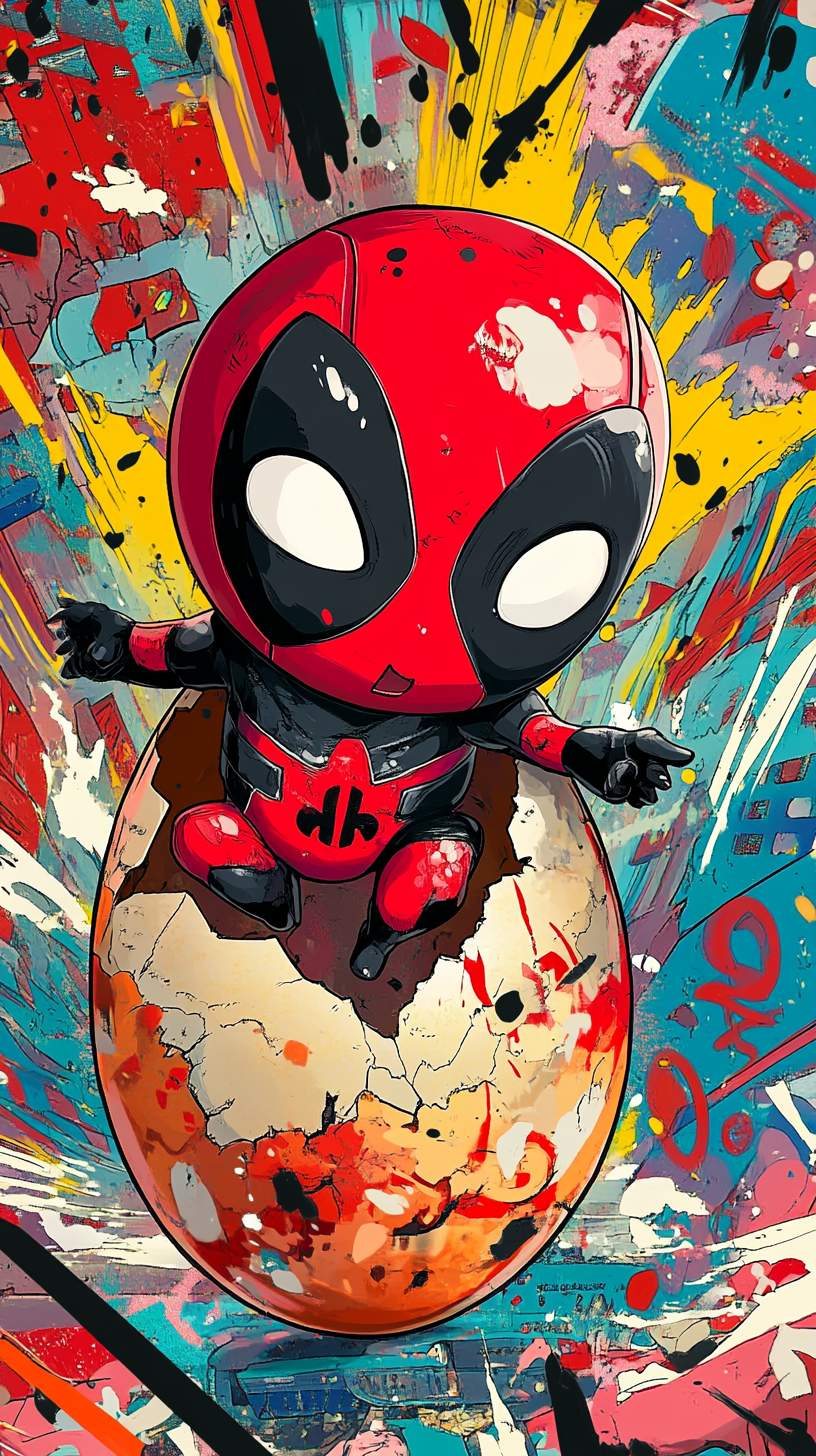 Baby Pokémon with Deadpool features hatching from egg in comic-style scene.