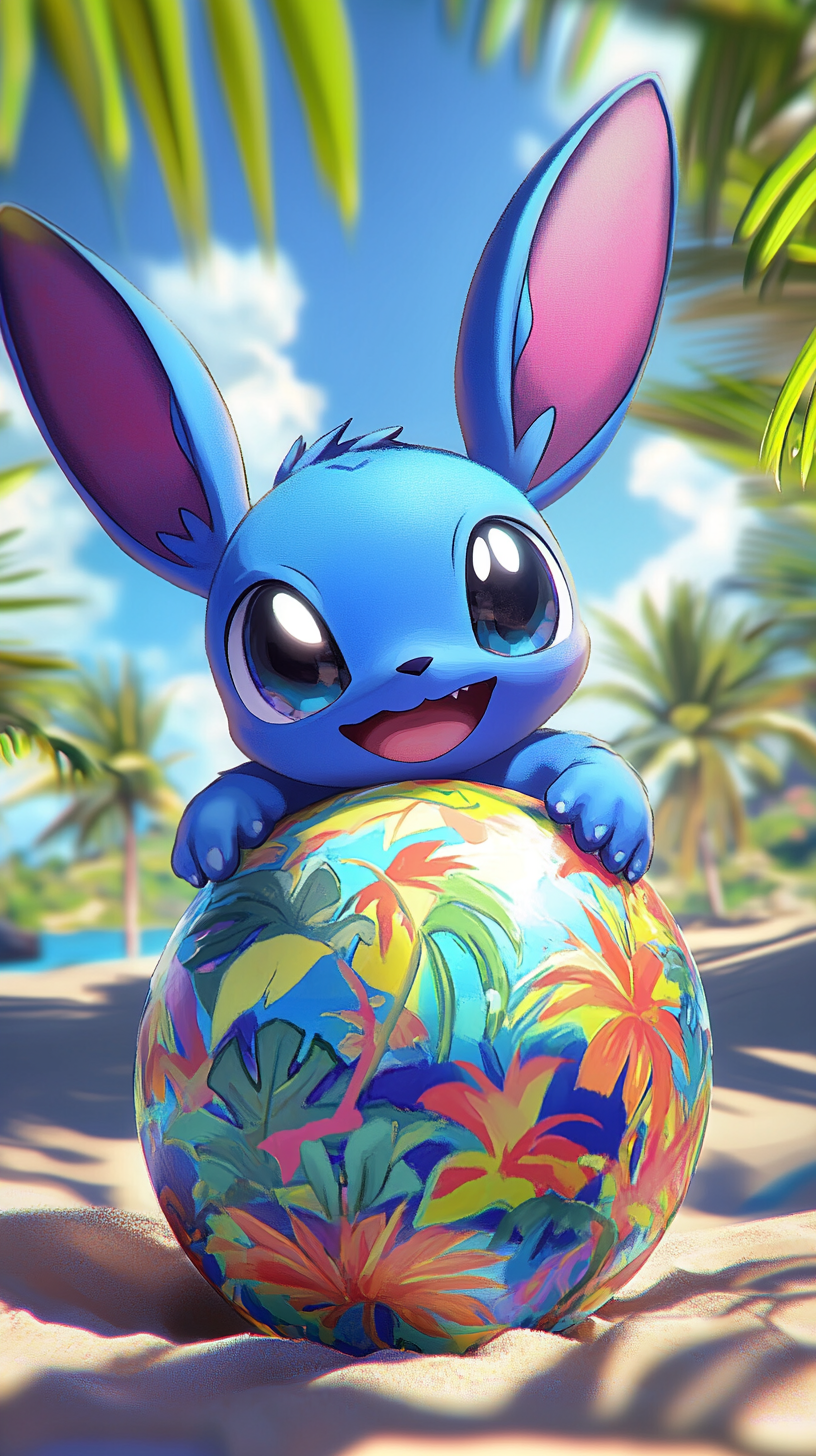 Baby Pokémon with Stitch traits hatching from tropical egg.