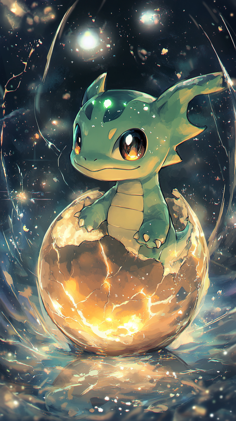 Baby Rayquaza emerges from cosmic egg, surrounded by stars.