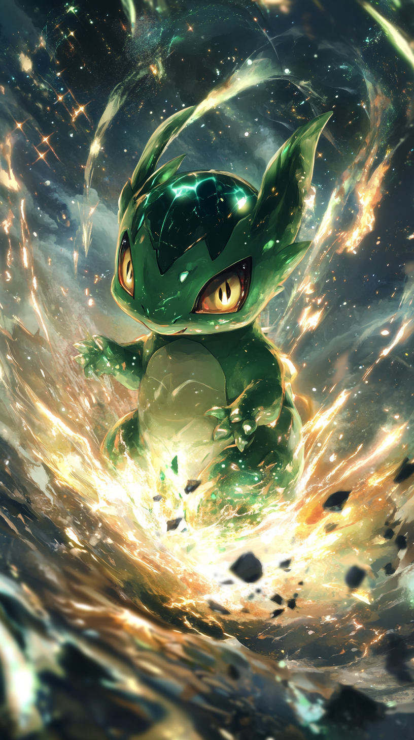 Baby Rayquaza emerges from cosmic egg in enchanting scene.