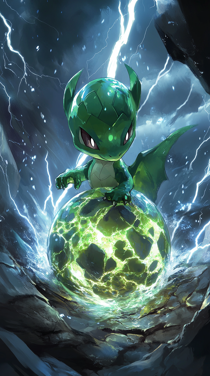 Baby Rayquaza in chibi-style emerges from cracked cosmic egg.