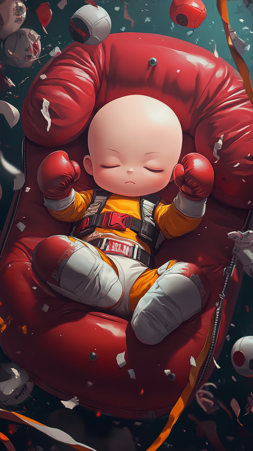 Baby Saitama in cute cradle with superhero decorations.