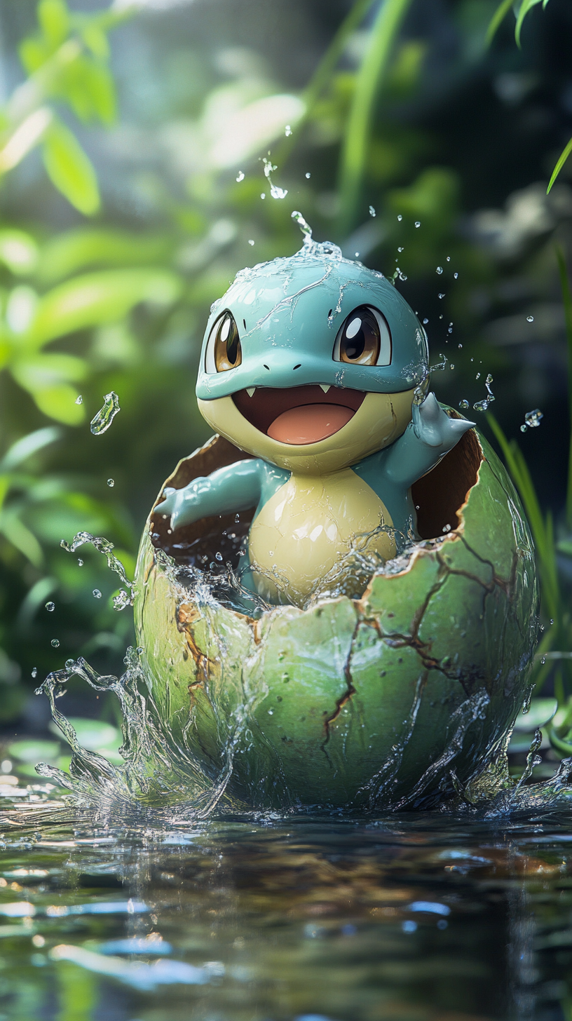 Baby Squirtle excitedly splashing out of water egg.