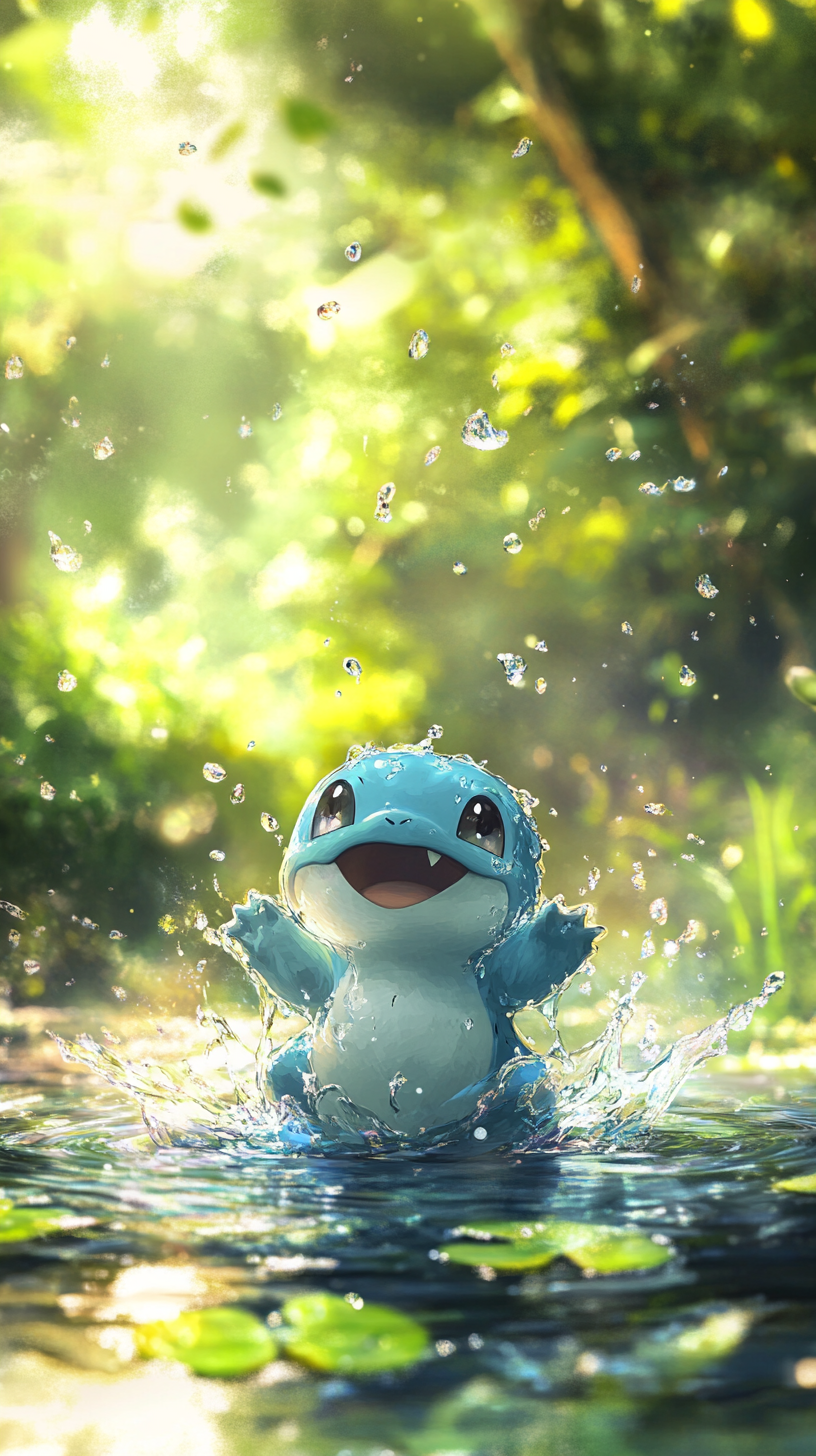 Baby Squirtle playing in pond with sparkling water.