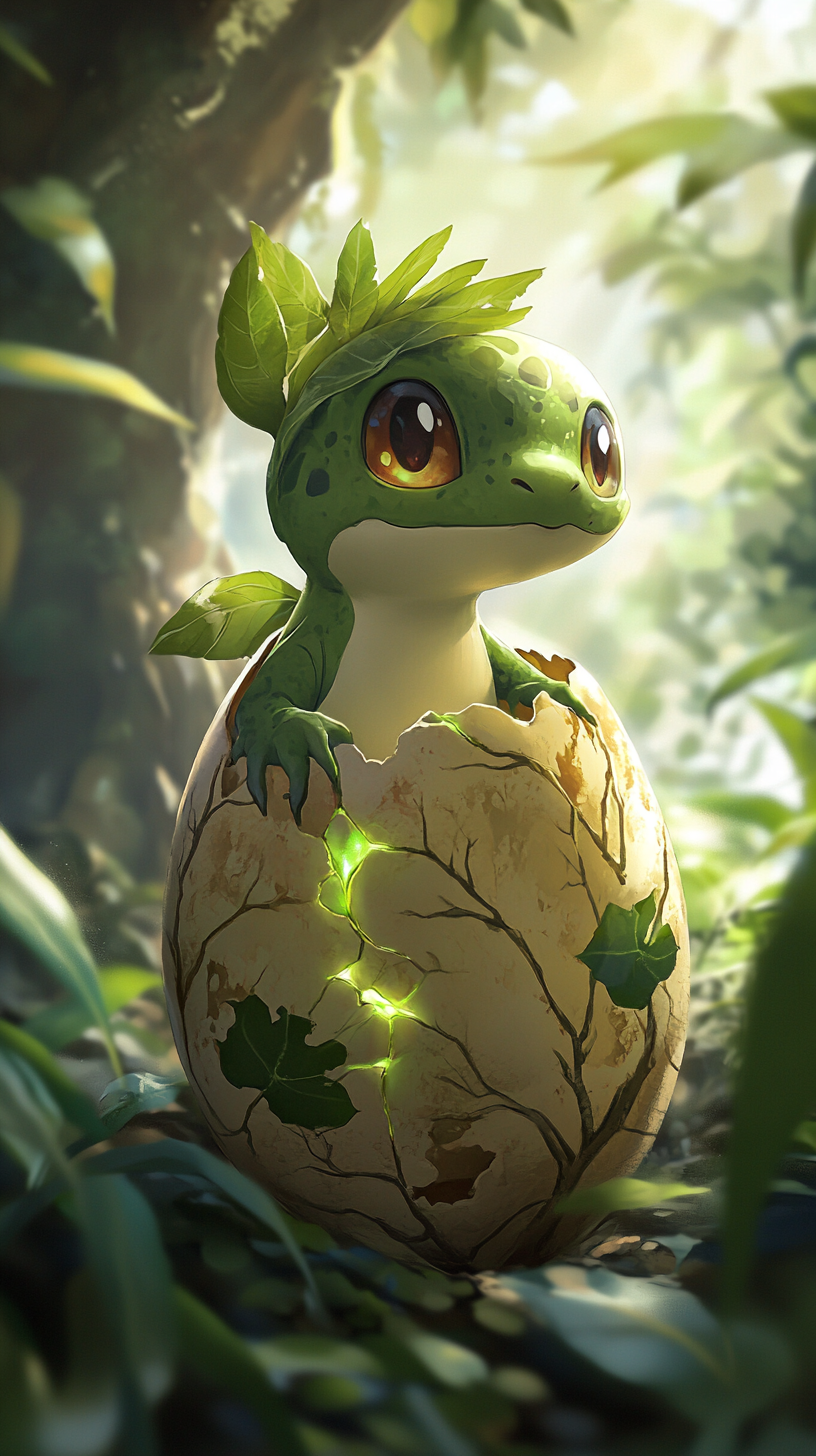 Baby Treecko hatching from cracked egg in forest scenery.