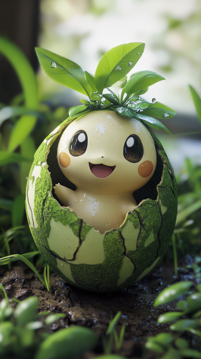 Baby Turtwig hatching from plant egg, happy expression.