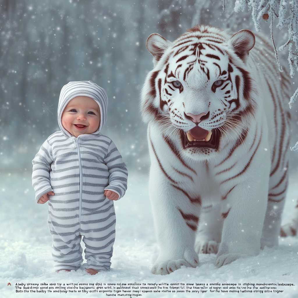 Baby and tiger in snowy landscape with stripes.