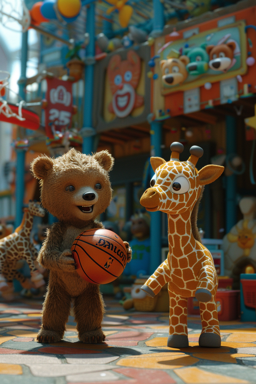 Baby animals play basketball in colorful giant's playground