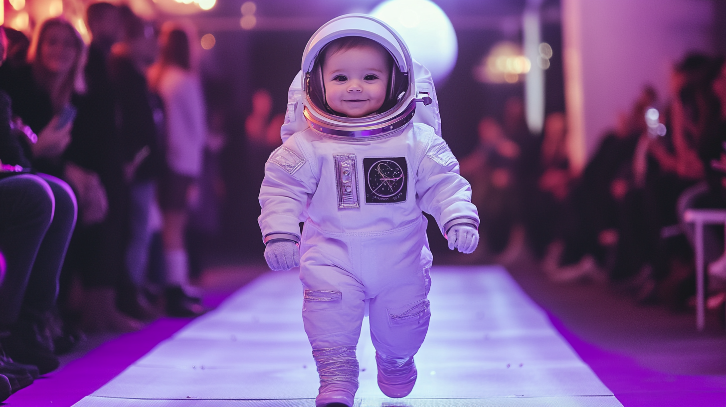 Baby astronaut confidently struts the runway, captivating all.