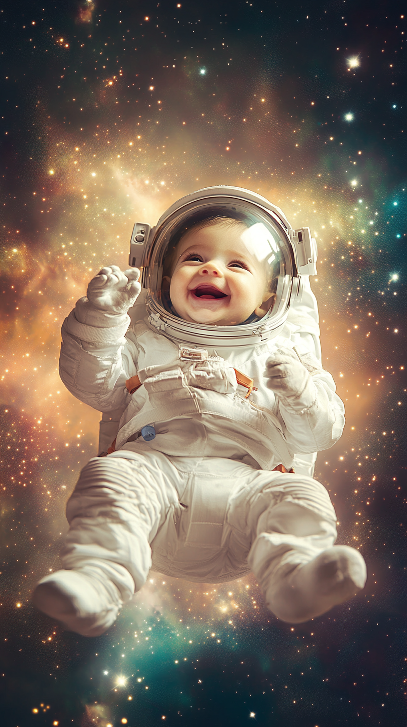 Baby astronaut in space with twinkling stars, smiling