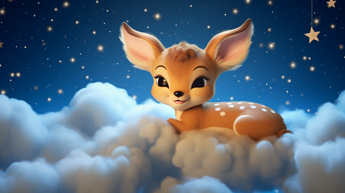 Baby deer sleeping peacefully on fluffy clouds under moonlight.