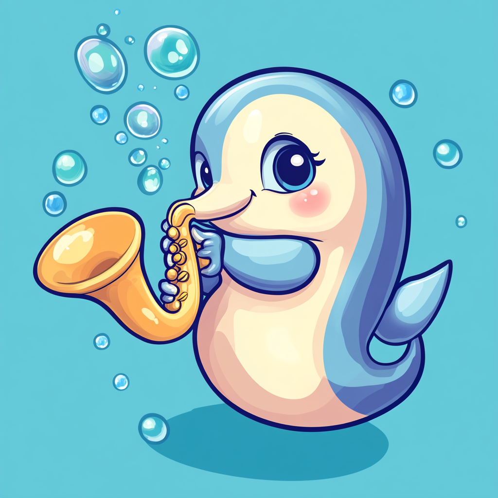 Baby dolphin playing saxophone made of conch shell