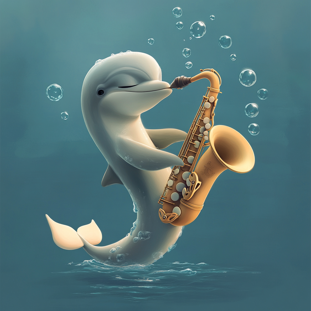 Baby dolphin plays saxophone made of conch shell