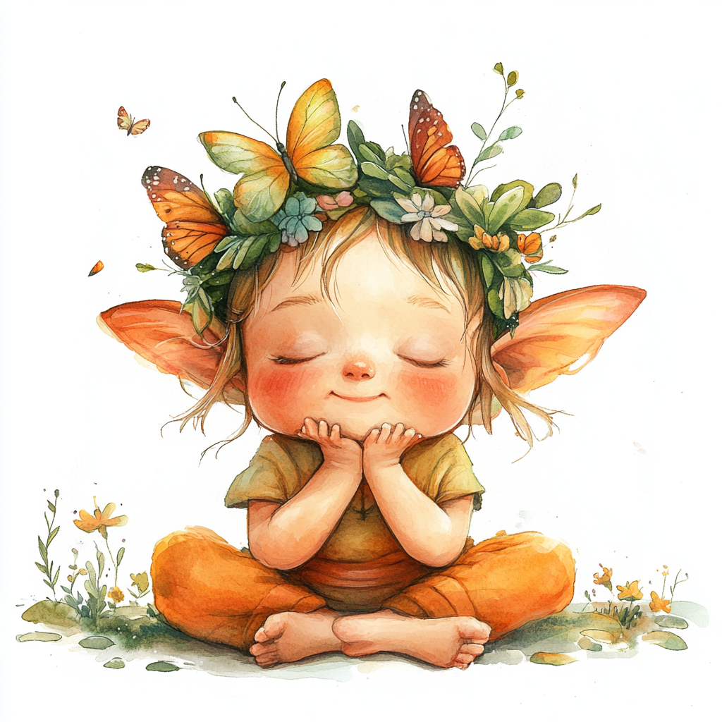 Baby fairy with butterfly headband, hand-drawn digital art.