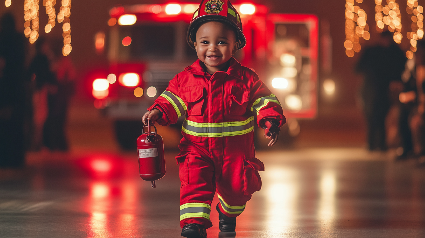 Baby firefighter confidently struts on runway, smiling brightly.