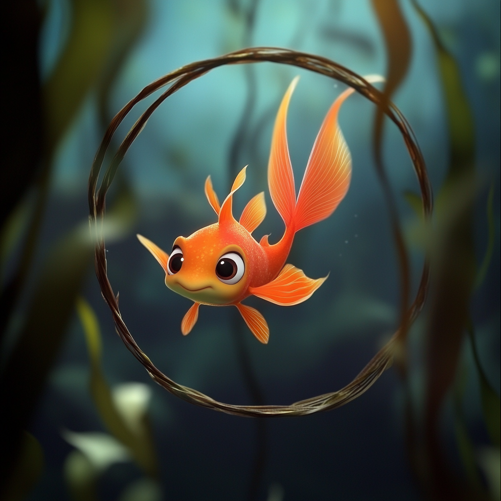 Baby firefish leaping through seaweed hoop - Pixar style