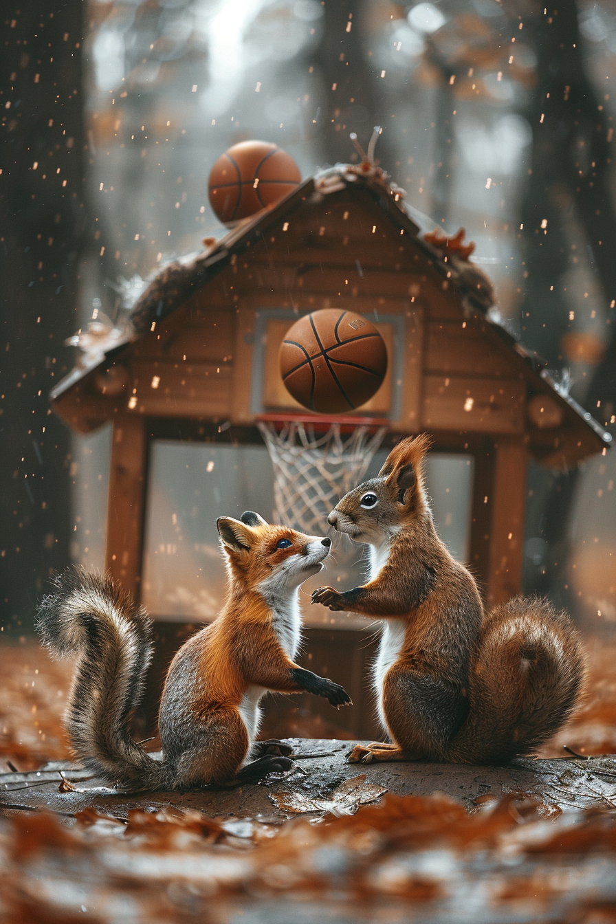 Baby fox and squirrel playing basketball in cozy treehouse