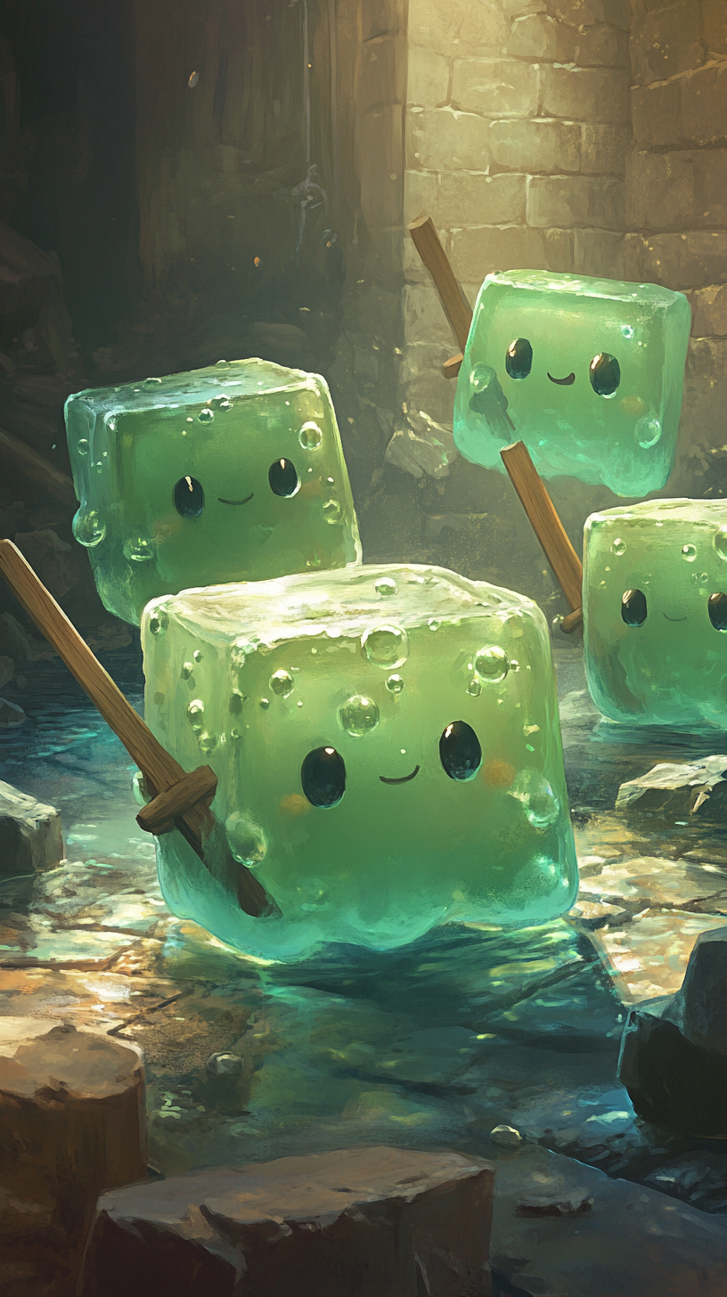 Baby gelatinous cubes playing with toys in dungeon.