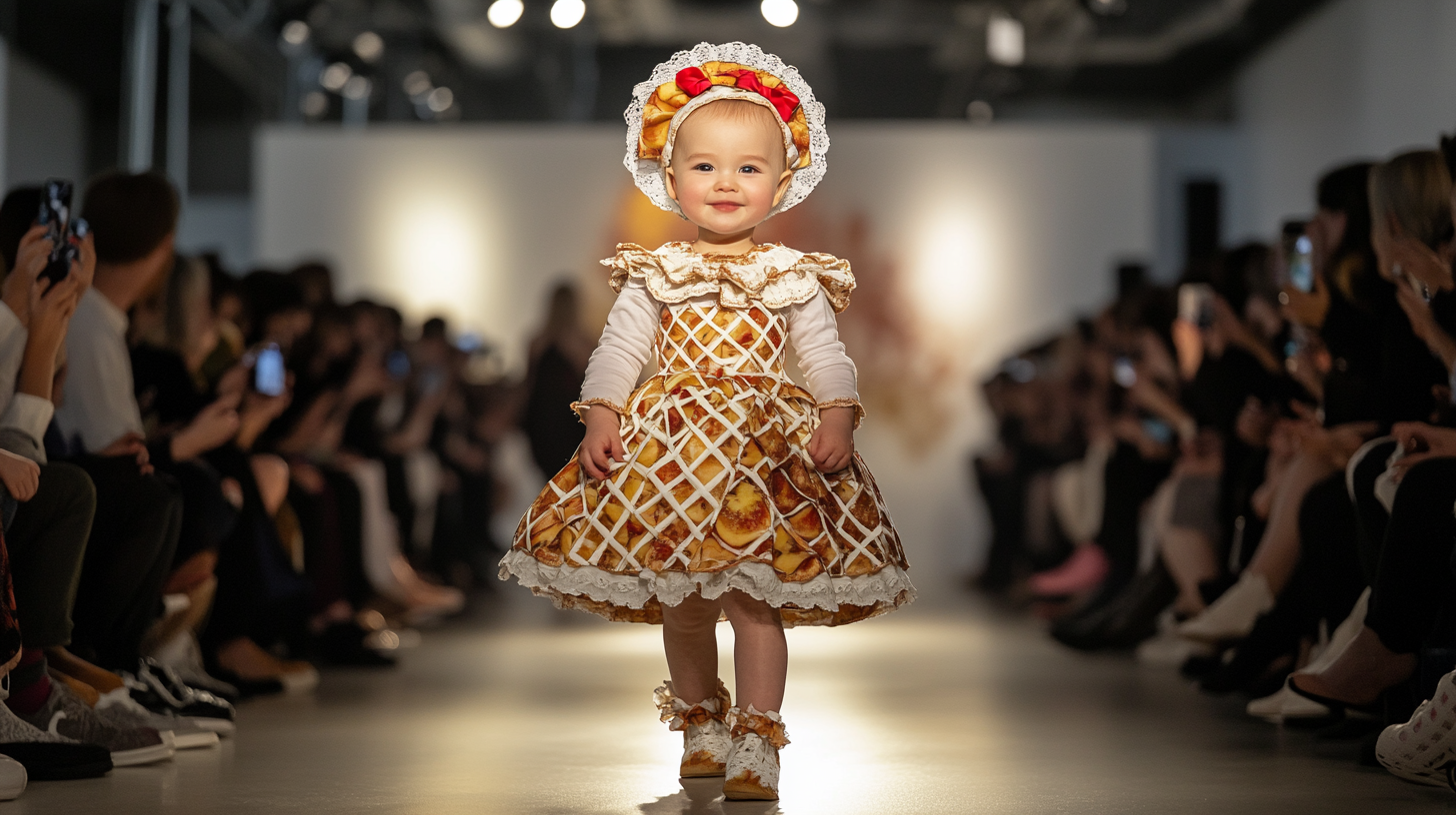 Baby in Apple Pie Outfit Strutting on Runway