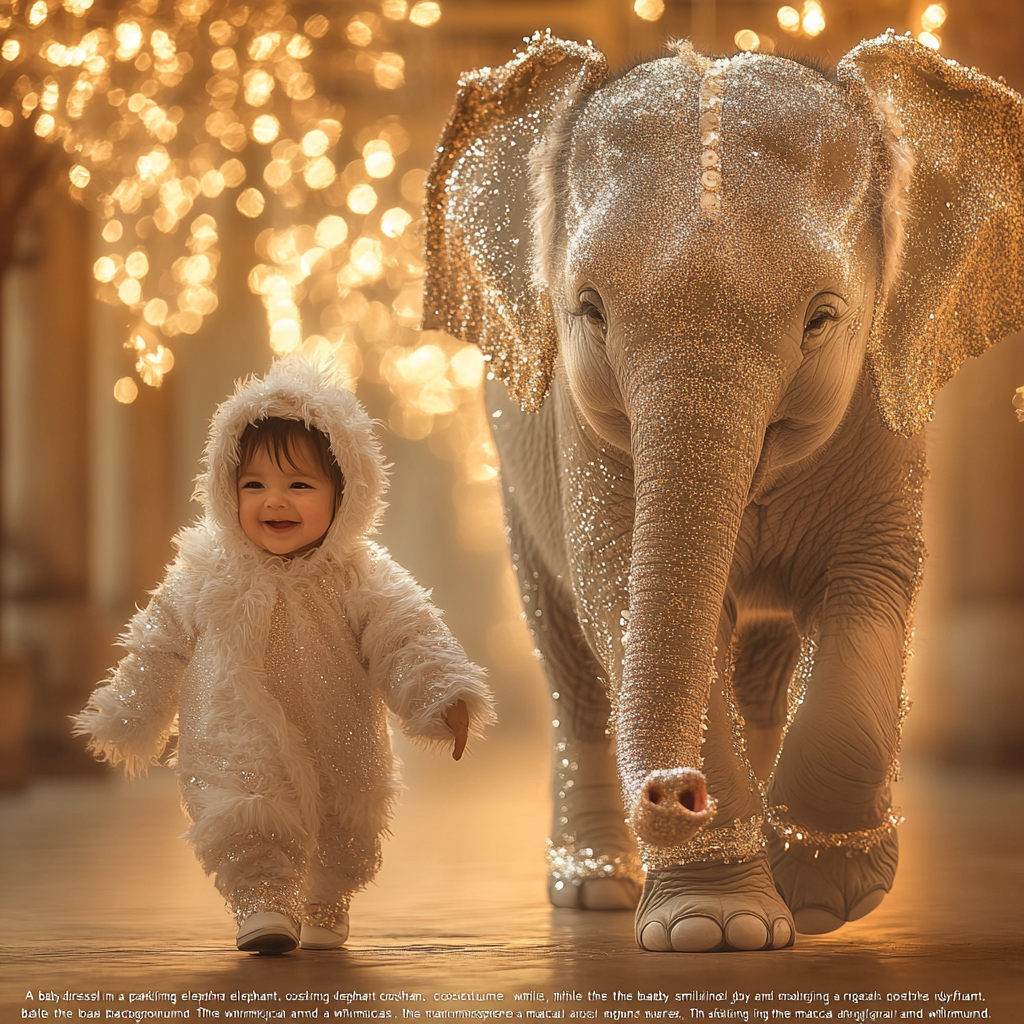 Baby in elephant costume walks with real elephant.