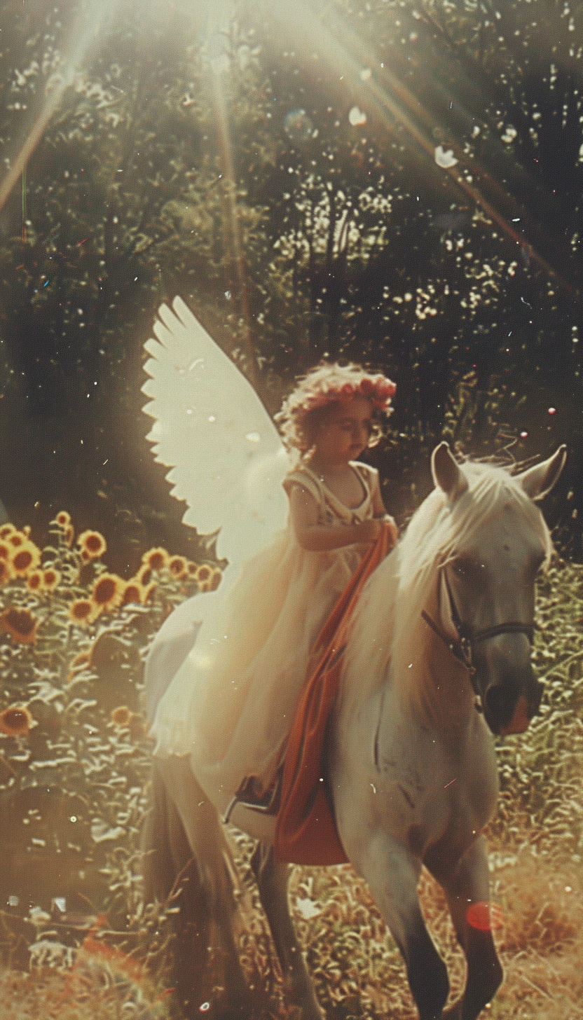 Baby in flower crown on white horse near sunflowers.