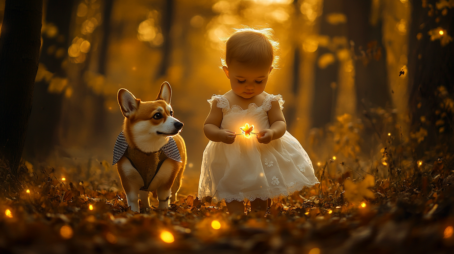 Baby in wedding dress walks in forest with corgi.