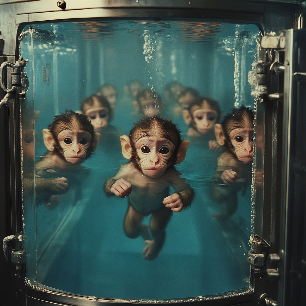 Baby monkey floating in water tank with others.