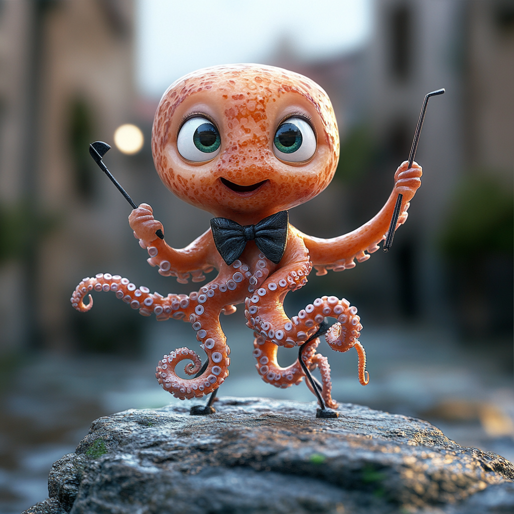 Baby octopus orchestra conductor in Pixar style 