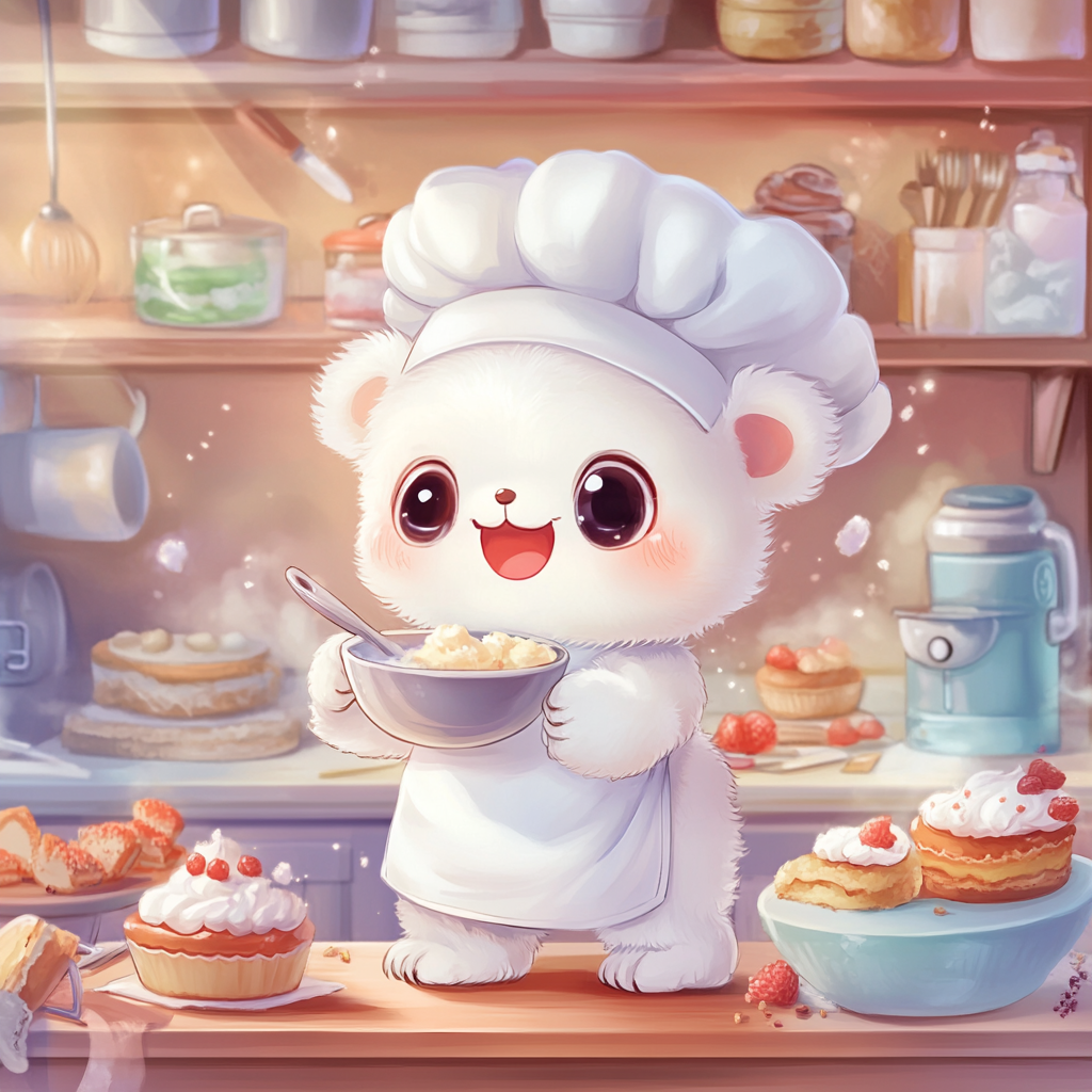 Baby polar bear in chef outfit baking joyfully.