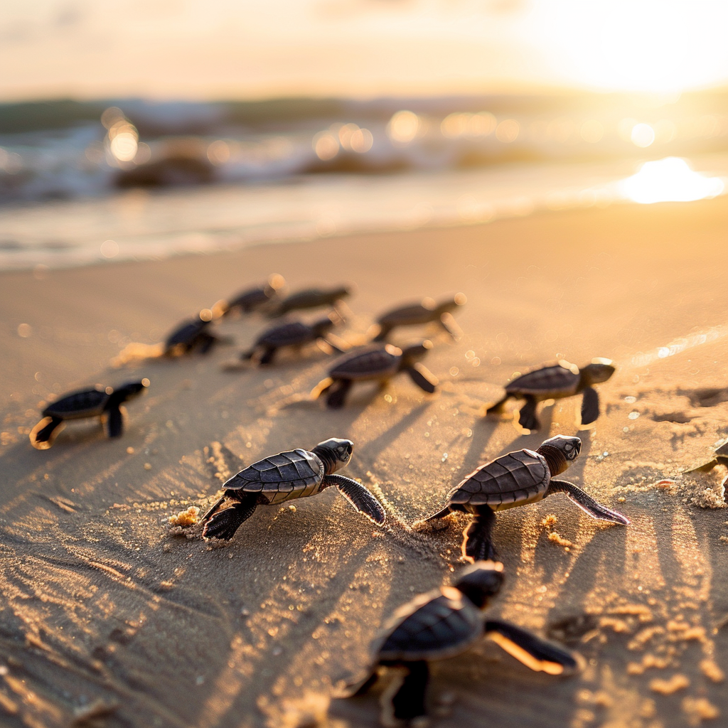 Baby turtles hatching on beach, crawling oceanward, early morning.