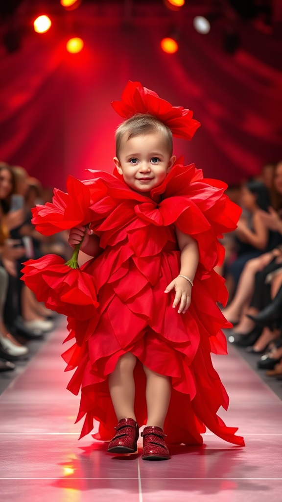 Baby walking confidently in vibrant red flower runway show.