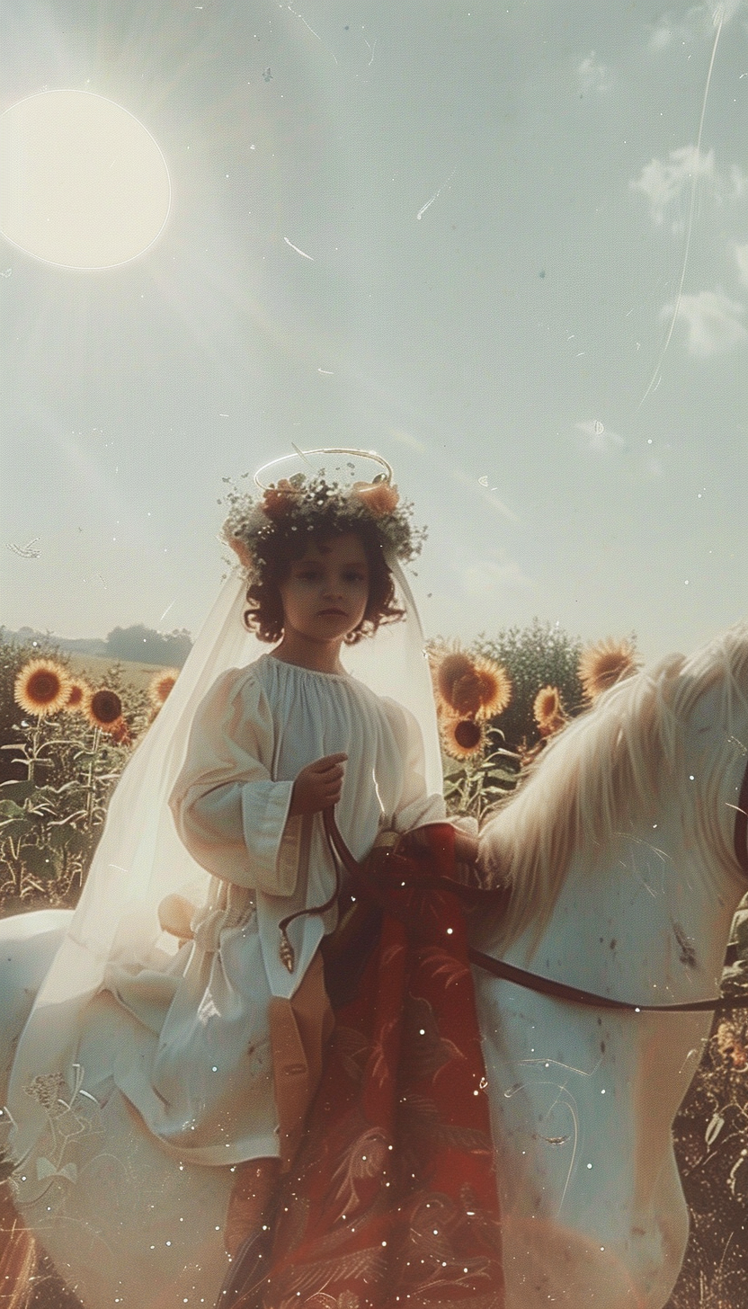 Baby with flower crown riding white horse, holding red cloth.