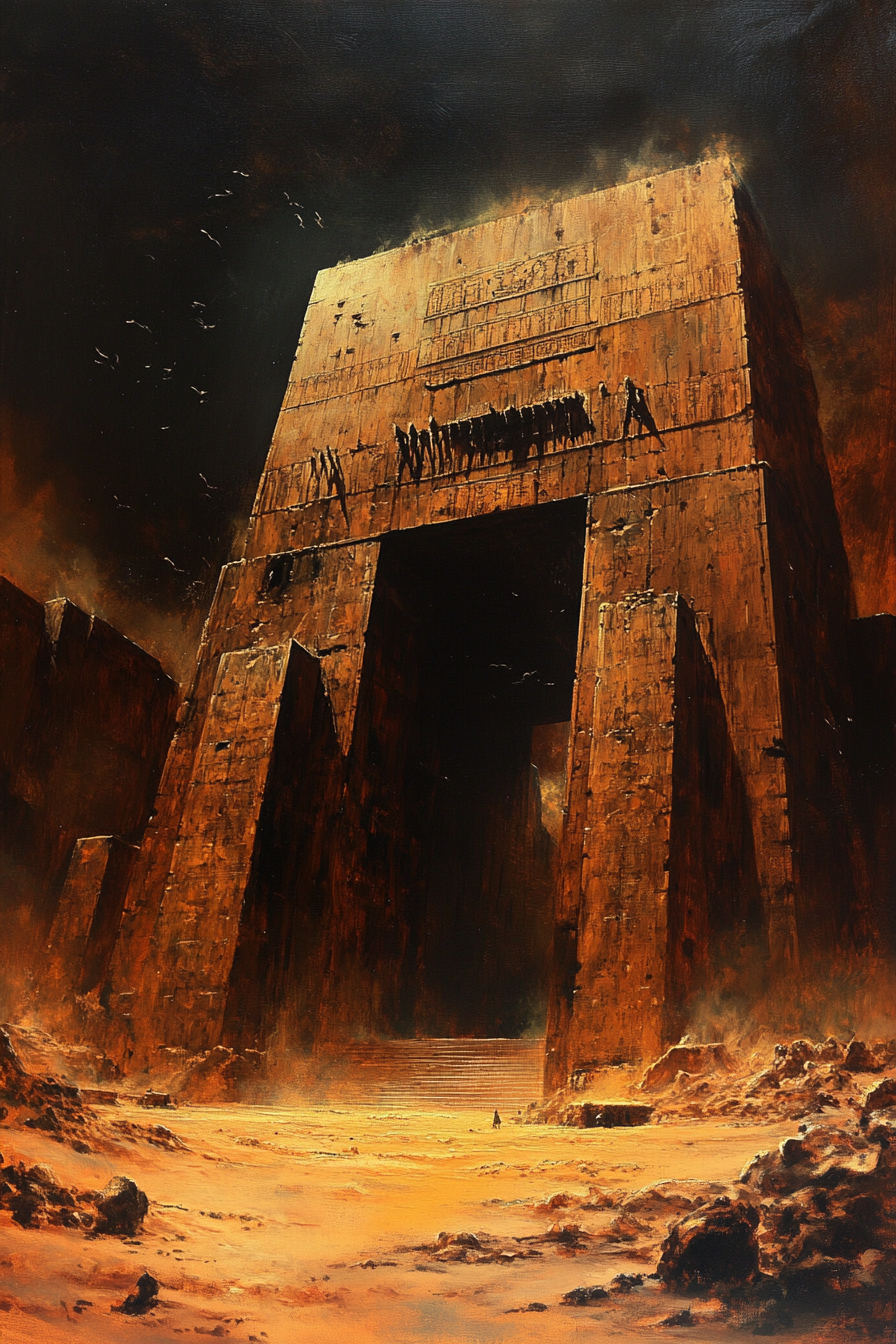 Babylonian temple painting in dark fantasy style on canvas.