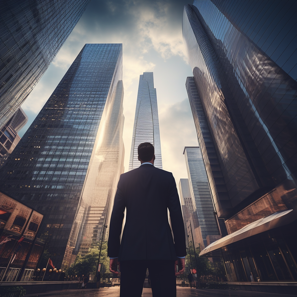 Man in suit admiring city skyscrapers