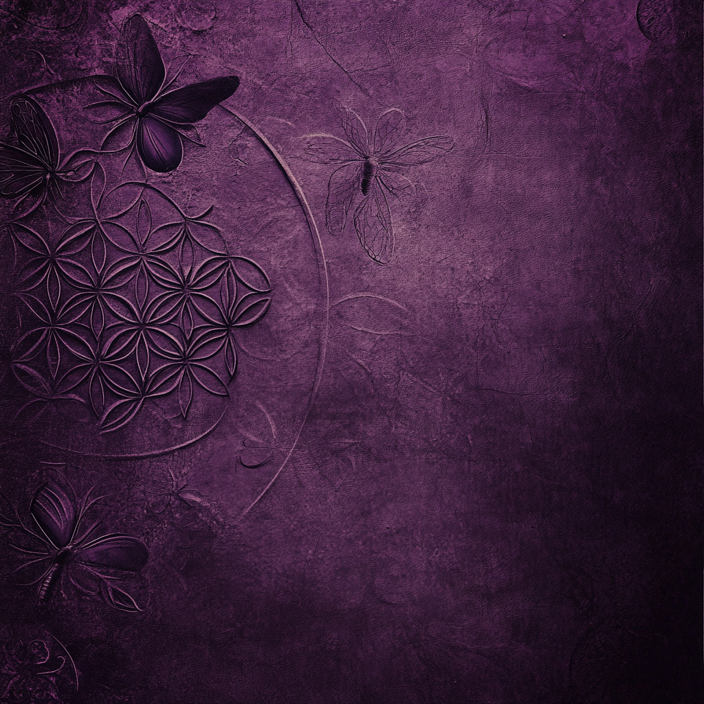 Background wall paper medium dark violet shades, flower of life design, subtle lighter flower, highly detailed butterflies.