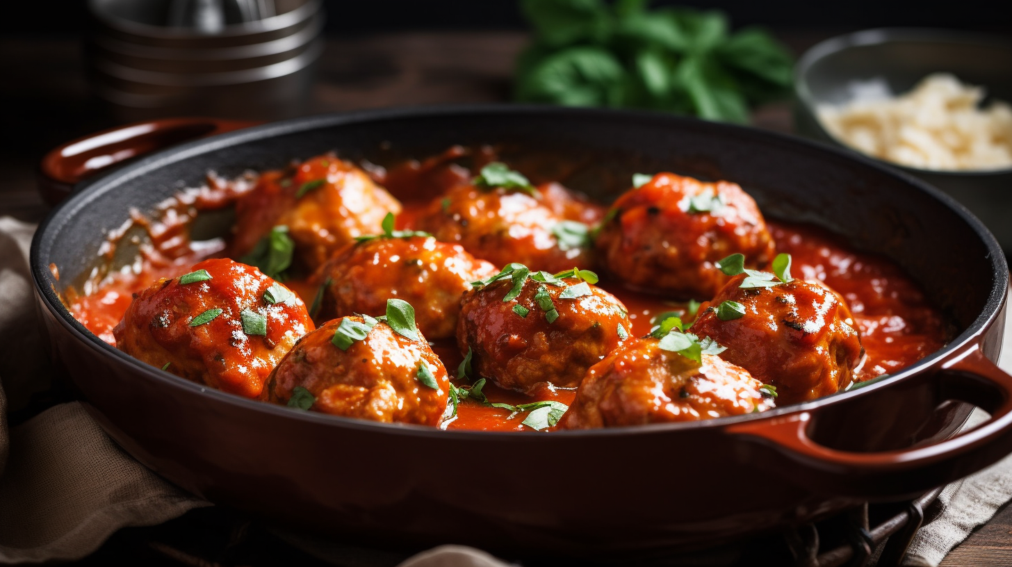 Baked chicken meatballs in tomato sauce on baking sheet.