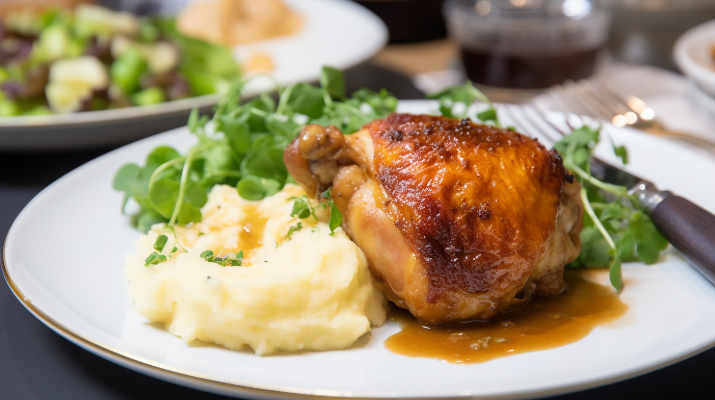 Baked honey garlic chicken thighs with salad, potatoes. Bright kitchen.