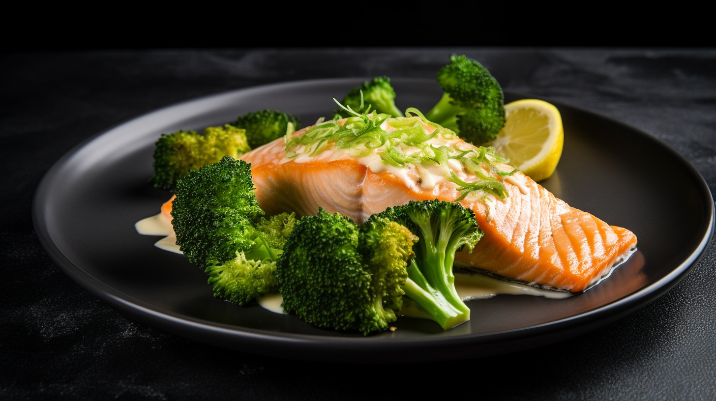 Baked salmon fillets with tender broccoli on modern plate