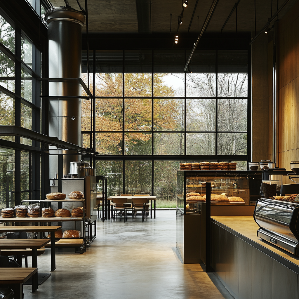 Bakery and cafe with glass walls, mezzanine workspace.