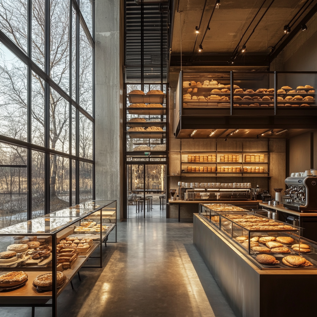 Bakery and cafe with glass walls, park view, roaster.