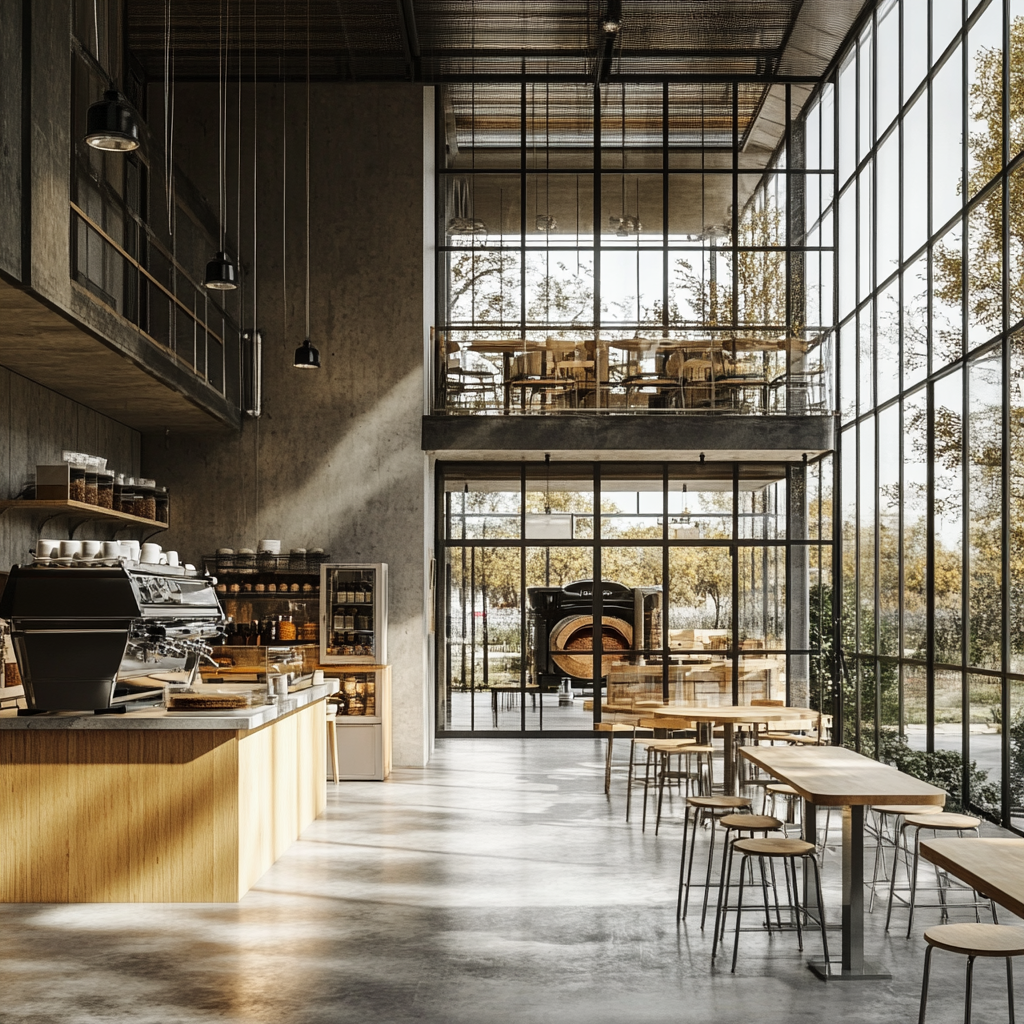 Bakery and cafe with glass walls, sunny park view.