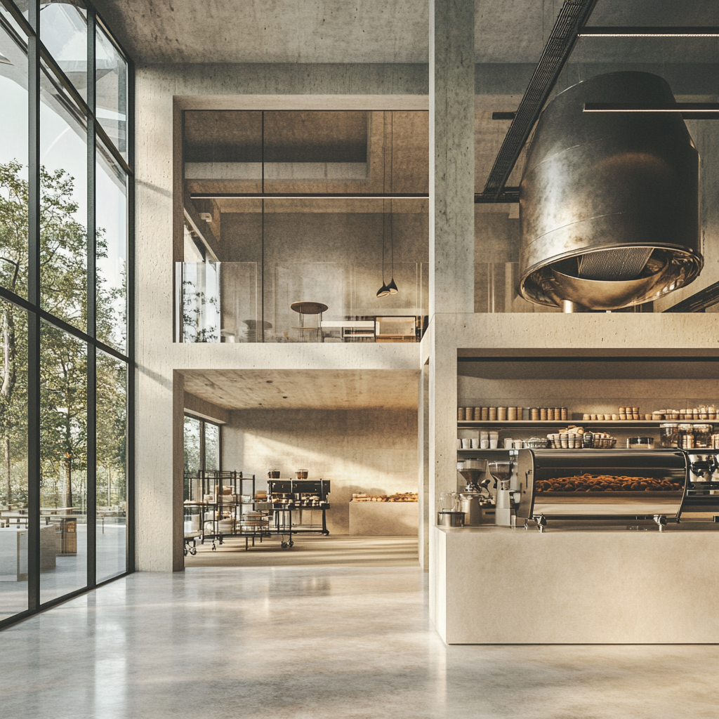 Bakery factory with glass walls, mezzanine work space.