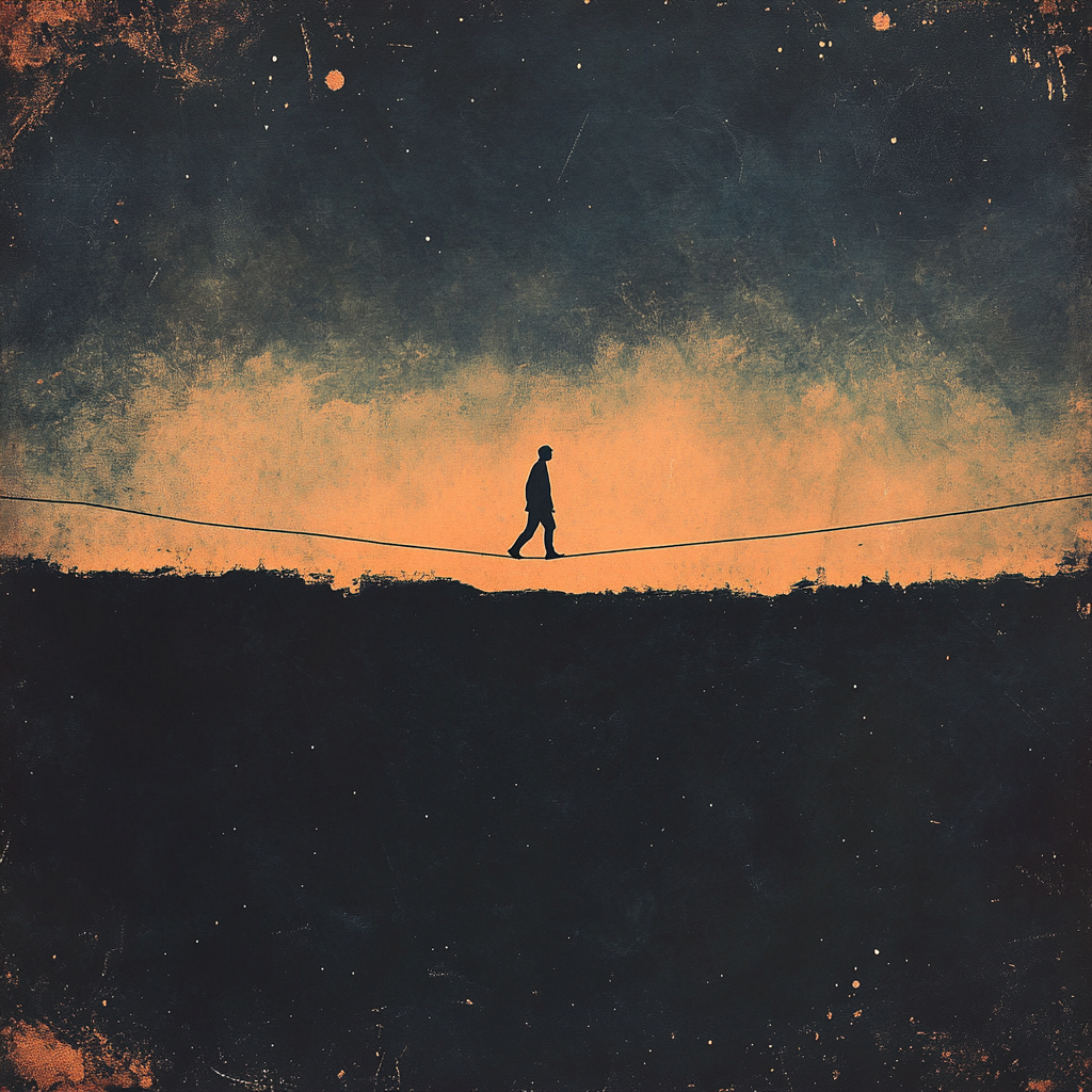 Balance and falling on tightrope, high above abyss. Emotional.