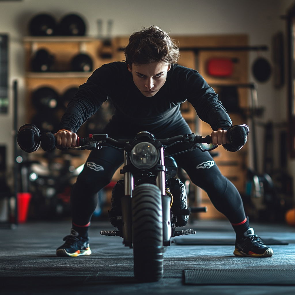 Balanced gym workout improving motorcycle riding skills effectively.