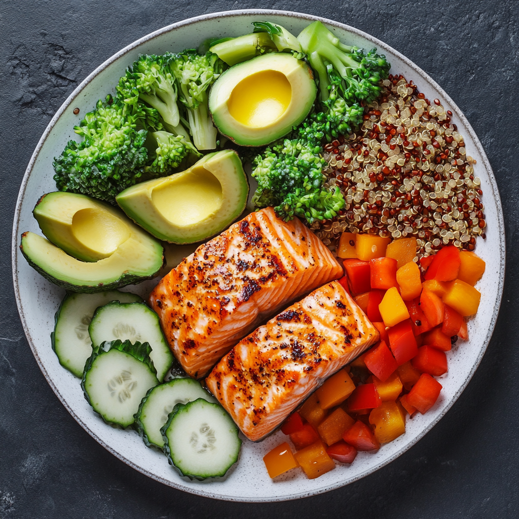 Balanced plate with salmon, avocado, quinoa, and veggies.