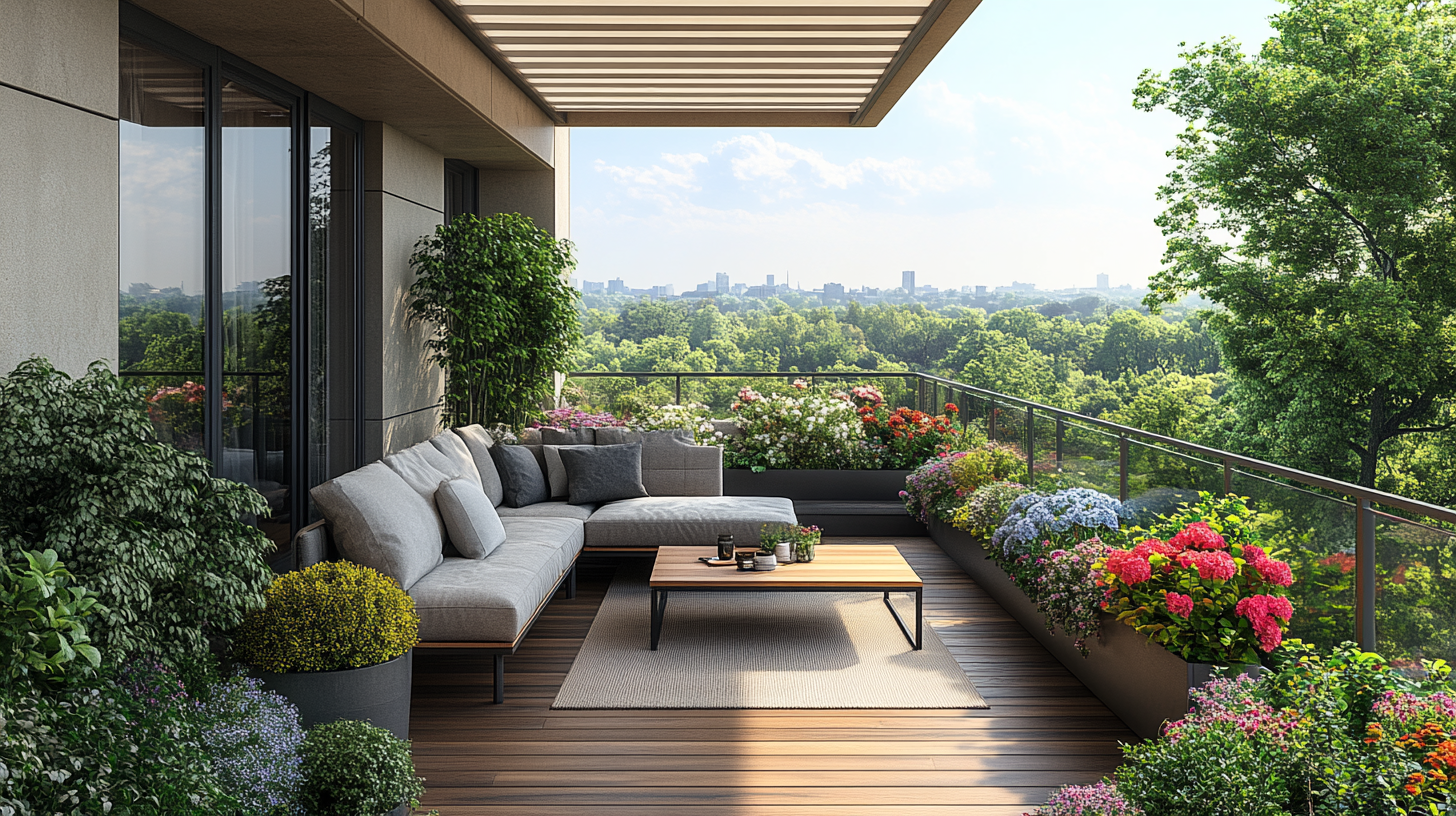 Balcony design with wooden flooring and flower pots.