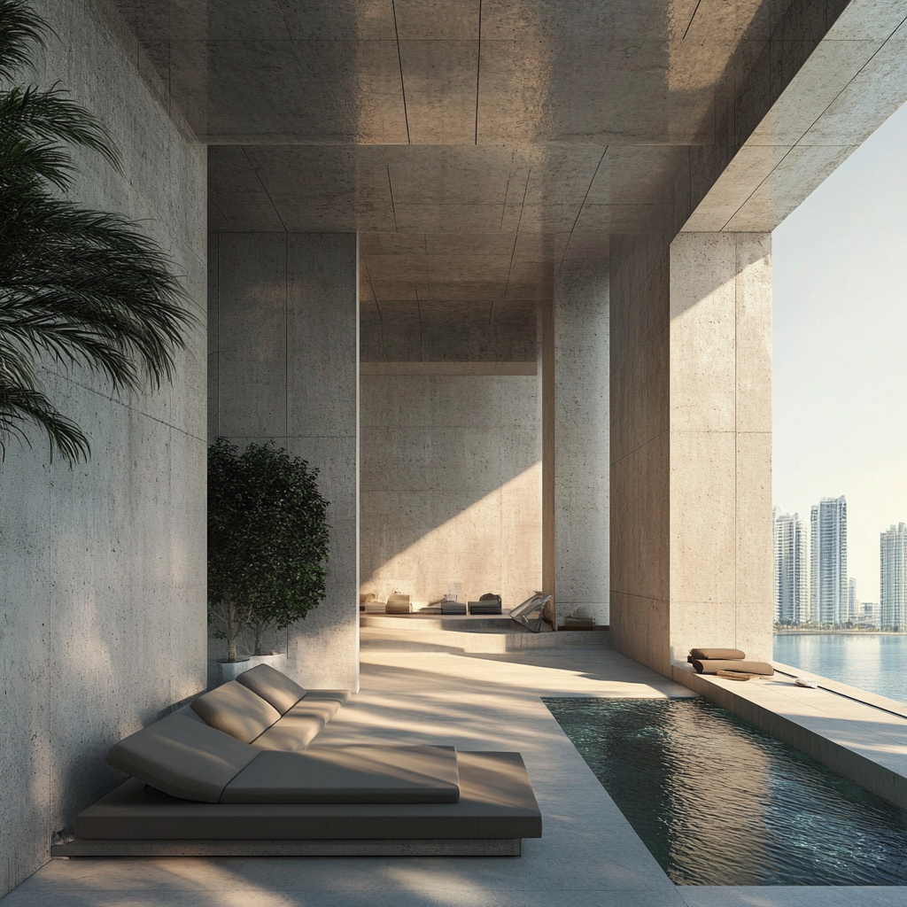 Balcony in UAE shaded by concrete roof, sunken lounge.