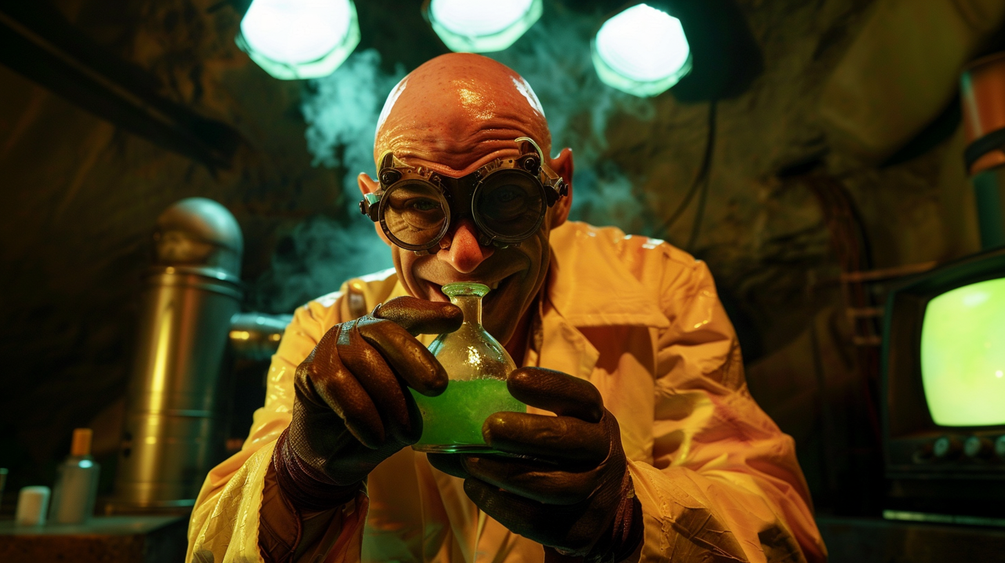 Bald Lex Luthor holding glowing green vial underground lab.